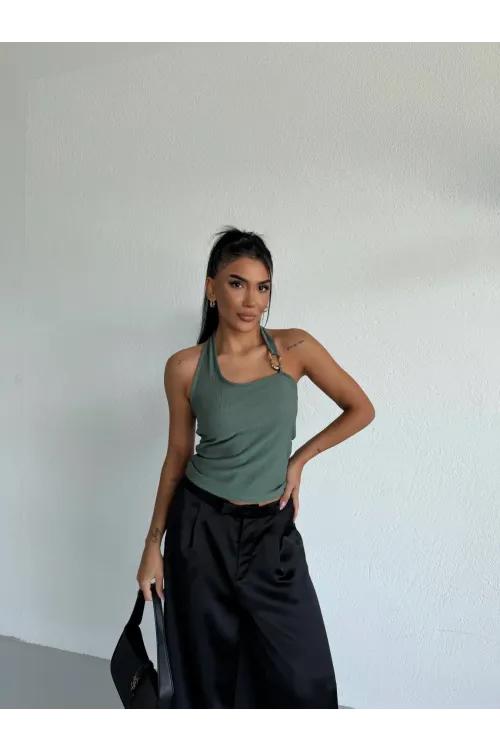 Kadın Yeşil Ottoman Kumaş Halter Yaka Toka Detay Bluz HZL26W-FRY123321