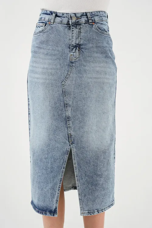 Kadın Yırtmaçlı Midi Kot Etek 8038 - Mavi