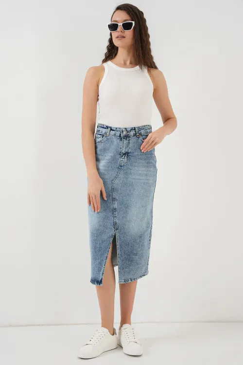 Kadın Yırtmaçlı Midi Kot Etek 8038 - Mavi