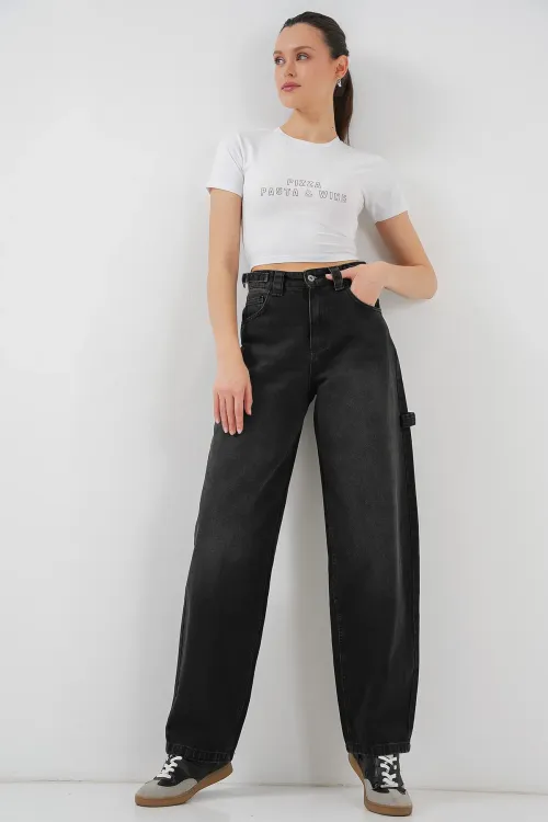 Kadın Yüksek Bel Kot Pantolon 6701 - Siyah