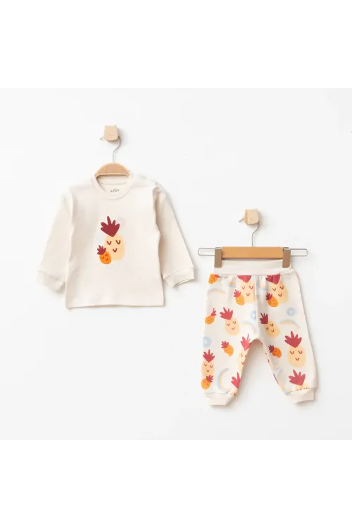 Kız Bebek Ananas Desenli Sweatshirt Pantolon T-shirt 3 lü Alt Üst Bebek Takımı 3Ay - 36Ay