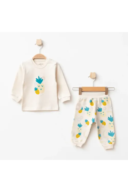 Kız Bebek Ananas Desenli Sweatshirt Pantolon T-shirt 3 lü Alt Üst Bebek Takımı 3Ay - 36Ay