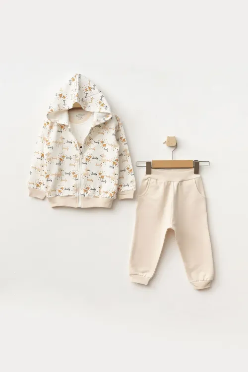 Kız Bebek Animal Desenli Sweatshirt Pantolon T-shirt 3 lü Alt Üst Bebek Takımı 3 Ay-36 Ay