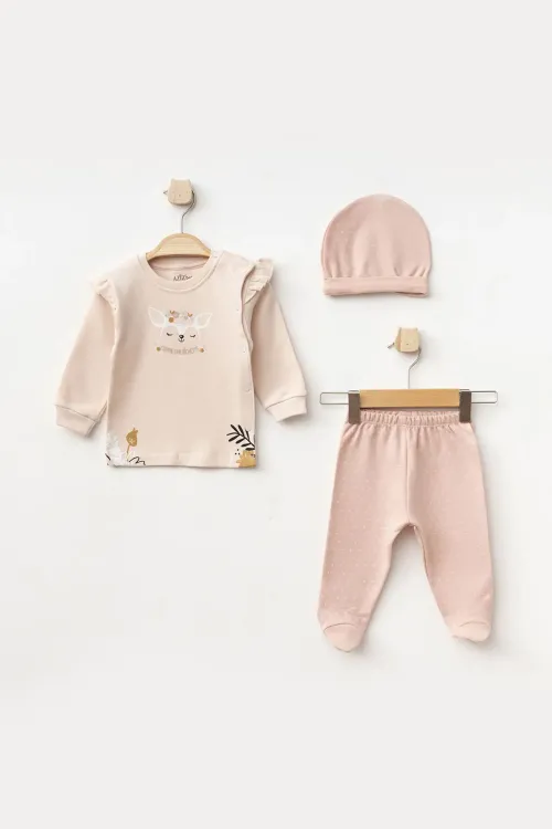 Kız Bebek Animal Desenli Zıbın Pantolon Bere 3 lü Alt Üst Bebek Takımı 0 Ay-6 Ay