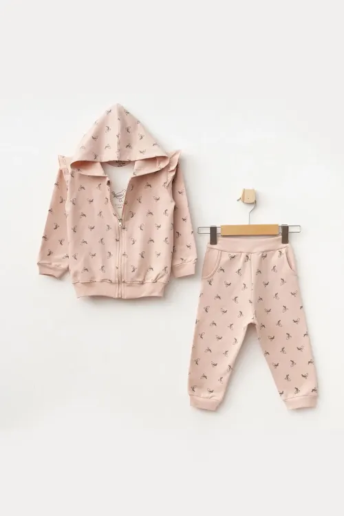 Kız Bebek Kuş Desenli Sweatshirt Pantolon T-shirt 3 lü Alt Üst Bebek Takımı 3 Ay-36 Ay