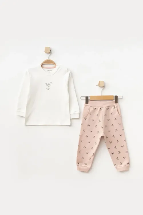 Kız Bebek Kuş Desenli Sweatshirt Pantolon T-shirt 3 lü Alt Üst Bebek Takımı 3 Ay-36 Ay