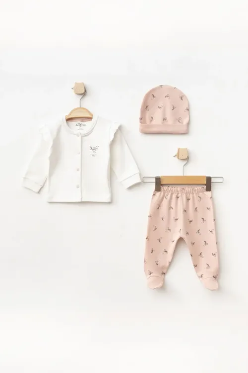 Kız Bebek Kuş Desenli Zıbın Pantolon Bere 3 lü Alt Üst Bebek Takımı 0 Ay-6 Ay