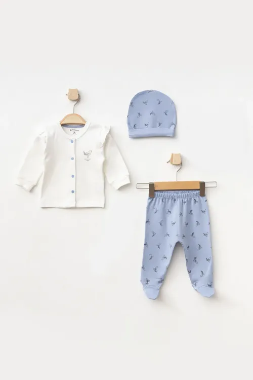 Kız Bebek Kuş Desenli Zıbın Pantolon Bere 3 lü Alt Üst Bebek Takımı 0 Ay-6 Ay