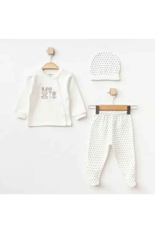 Kız Bebek Puantiyelli Zıbın Pantolon Bere 3 lü Alt Üst Bebek Takımı 0 Ay-6 Ay