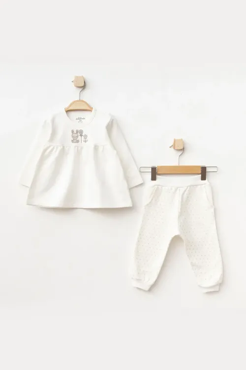 Kız Bebek Tavşan Nakışlı Sweatshirt Pantolon 2  li Alt Üst Bebek Takımı 3 Ay - 18 Ay