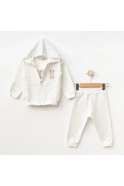 Kız Bebek Tavşan Nakışlı Sweatshirt Pantolon T-shirt 3 lü Alt Üst Bebek Takımı 3 Ay-36 Ay