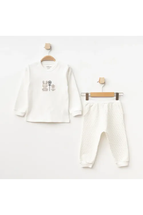 Kız Bebek Tavşan Nakışlı Sweatshirt Pantolon T-shirt 3 lü Alt Üst Bebek Takımı 3 Ay-36 Ay