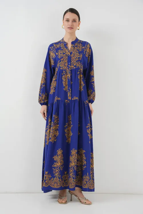 Saks Gold Desenli Tesettür Elbise 2423