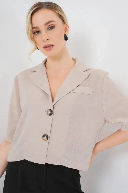 0706 Crop Keten Ceket - Bej