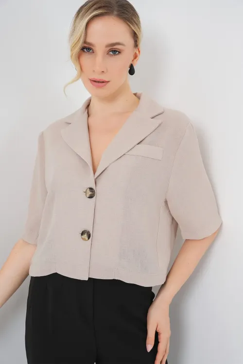 0706 Crop Keten Ceket - Bej
