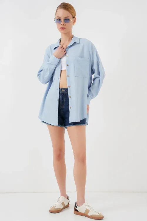 20126 Oversize Keten Gömlek - Mavi