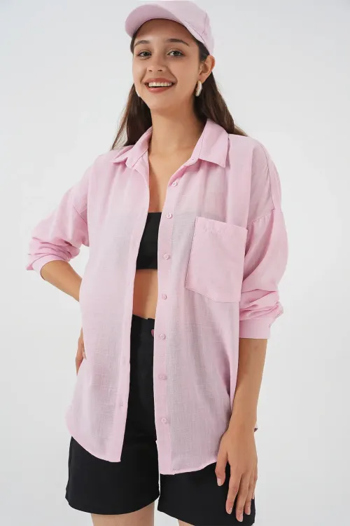 20153 Tek Cepli Oversize Keten Gömlek - A.Pudra