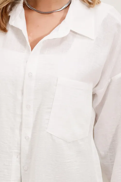 20153 Tek Cepli Oversize Keten Gömlek - Beyaz