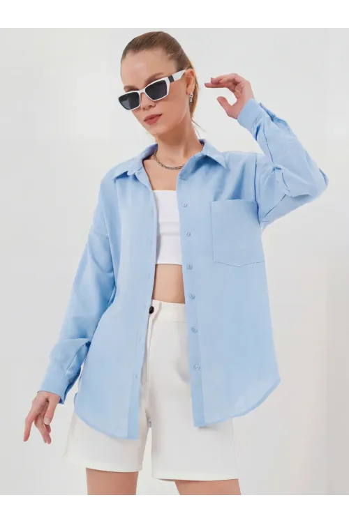 20153 Tek Cepli Oversize Keten Gömlek - Buz Mavi