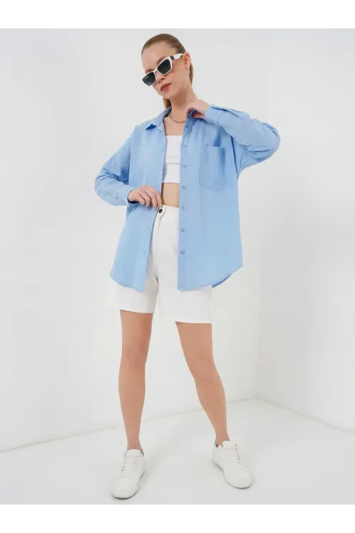 20153 Tek Cepli Oversize Keten Gömlek - Buz Mavi