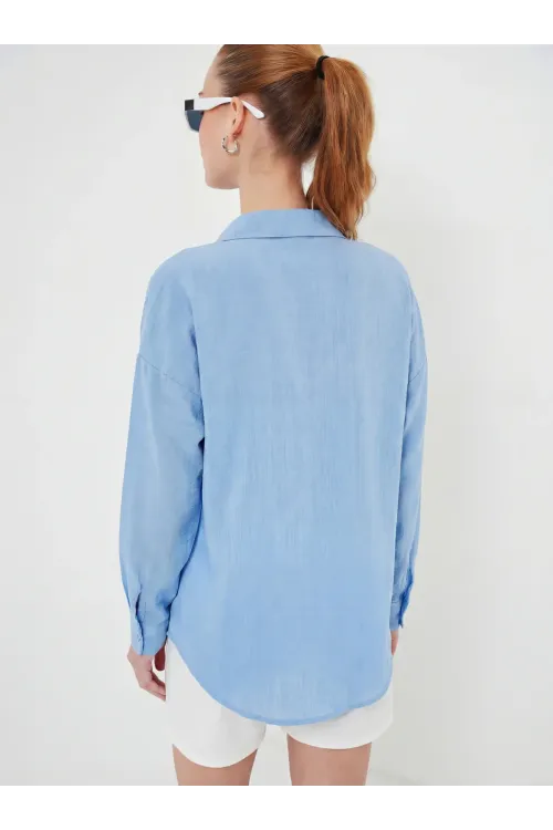 20153 Tek Cepli Oversize Keten Gömlek - Buz Mavi