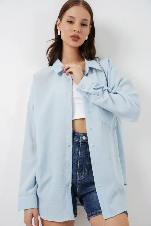 20153 Tek Cepli Oversize Keten Gömlek - Buz Mavi