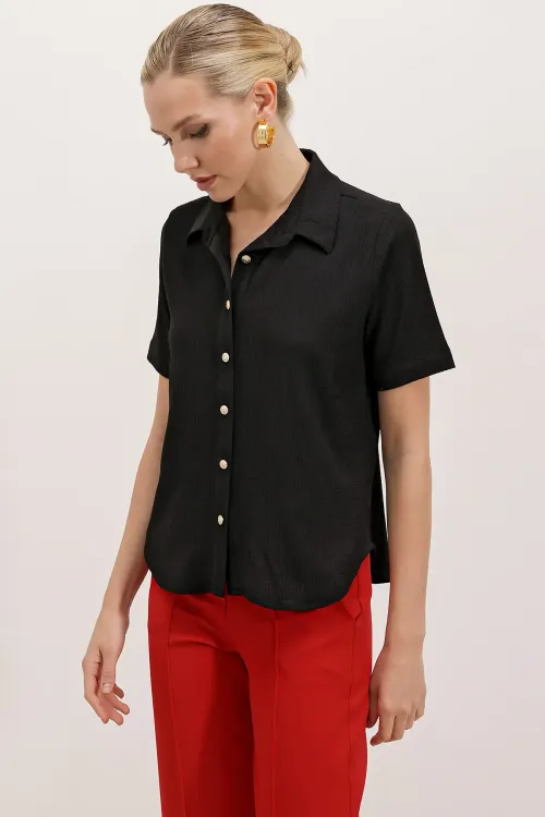 20181 Gold Düğmeli Örme Gömlek - Siyah