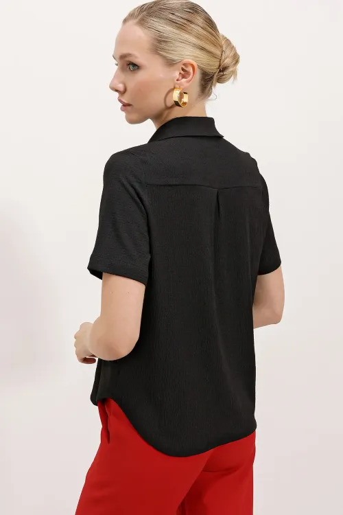 20181 Gold Düğmeli Örme Gömlek - Siyah