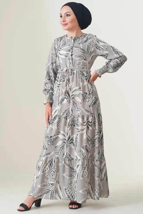 2145 Desenli Tesettür Elbise - Taş