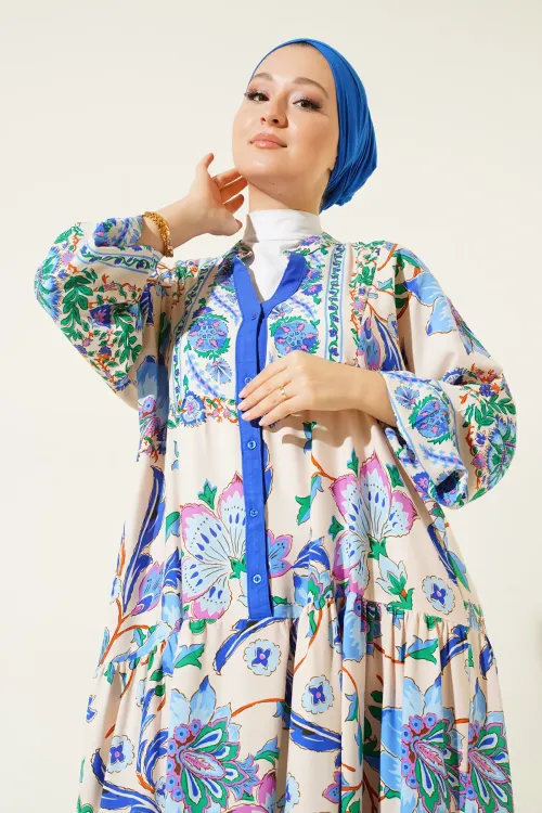 2423 Otantik Desenli Tesettür Elbise - Y.Lacivert