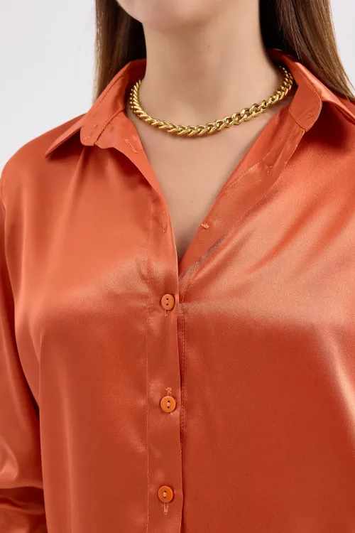 3964 Hafif Dökümlü Saten Gömlek - Turuncu