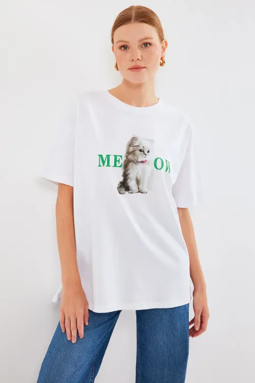 4319 Baskılı Oversize Tişört - Beyaz
