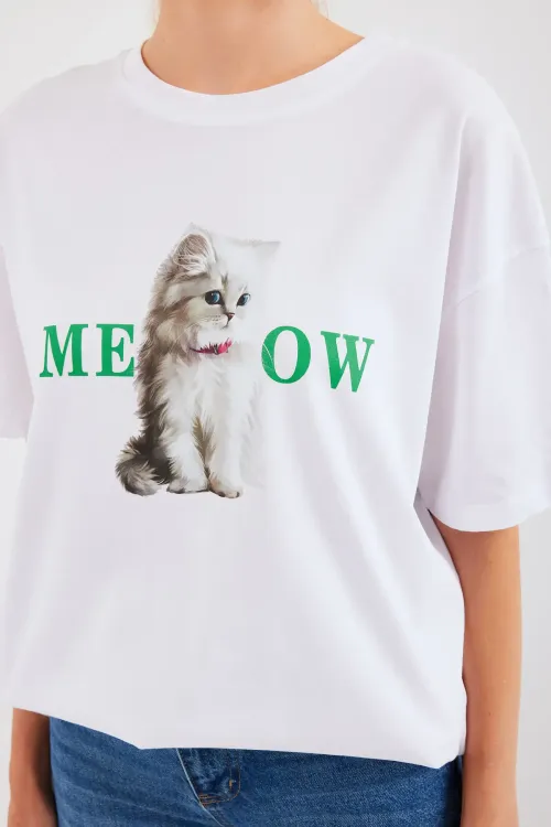 4319 Baskılı Oversize Tişört - Beyaz