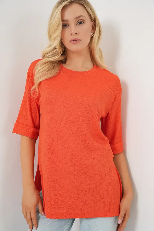 4332 Yanı Yırtmaçlı Örme Tişört - Turuncu
