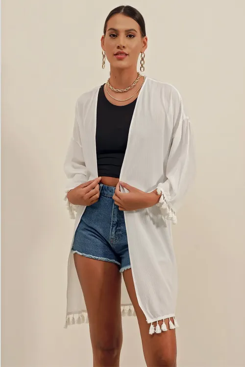 5833 Fırfırlı Kimono - Beyaz