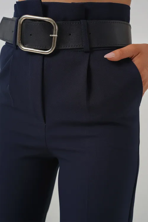 6556 Kemerli Kumaş Pantolon - Lacivert