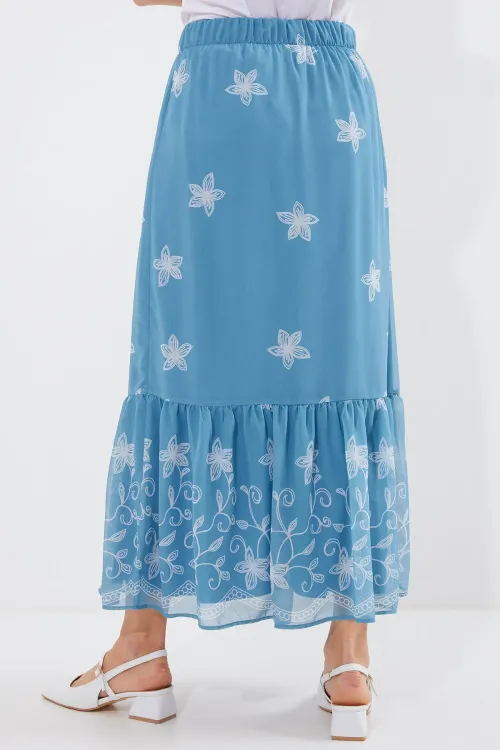 8010 Desenli Şifon Etek - İndigo