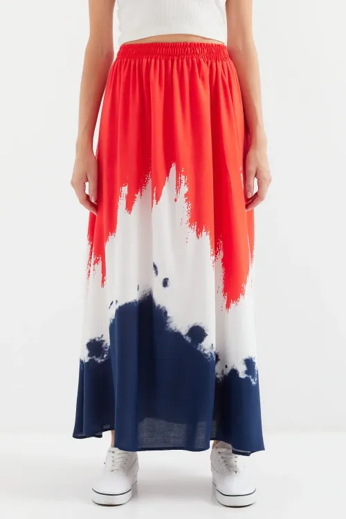 8025 Desenli Uzun Viskon Etek - Kırmızı