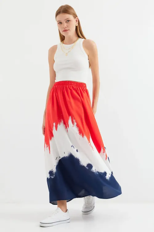 8025 Desenli Uzun Viskon Etek - Kırmızı