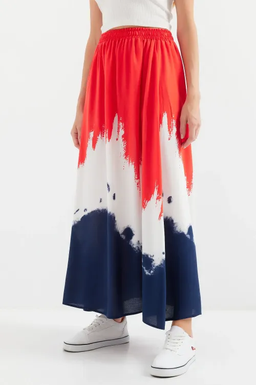 8025 Desenli Uzun Viskon Etek - Kırmızı