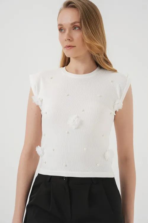 929 Kısa Kol Örme Bluz - Beyaz