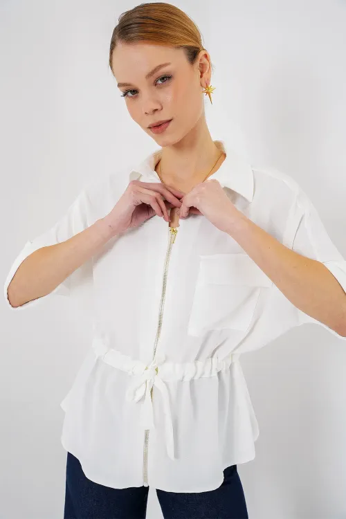 Fermuarlı Kadın Gömlek 0721 - Beyaz