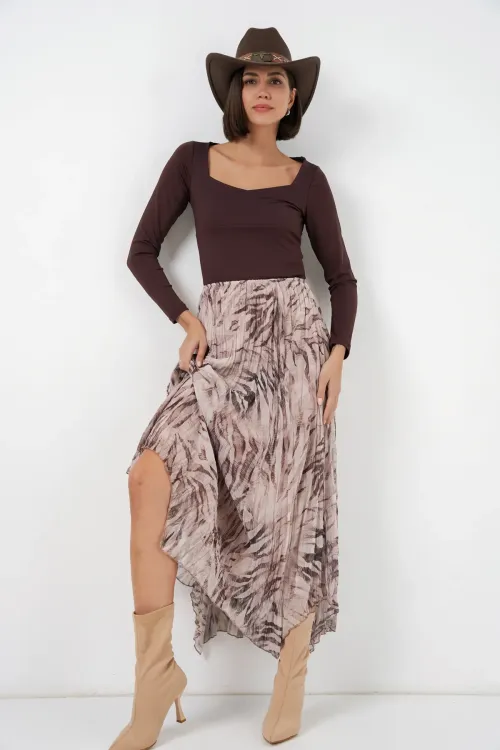 Kadın Asimetrik Kesim Şifon Etek 8056 - Bej