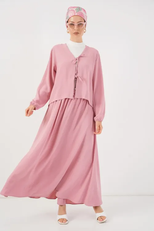 Kadın Ayrobin Kimono Etek İkili Takım 8047 - Pembe
