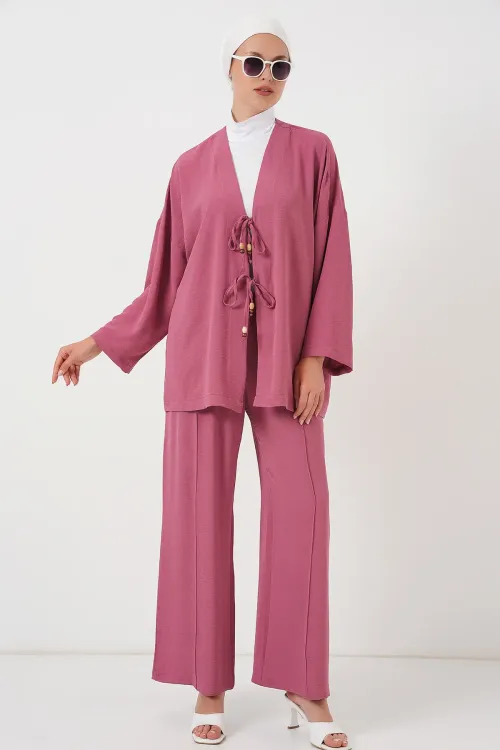 Kadın Ayrobin Kimono Pantolon İkili Takım 6739 - Gül Kurusu
