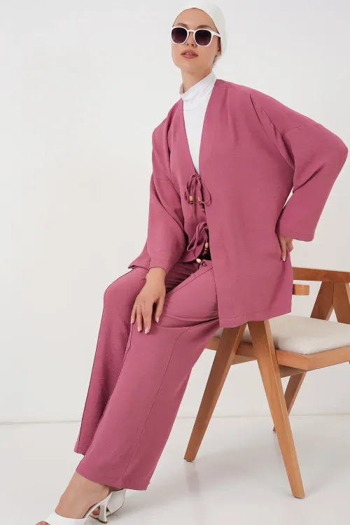 Kadın Ayrobin Kimono Pantolon İkili Takım 6739 - Gül Kurusu