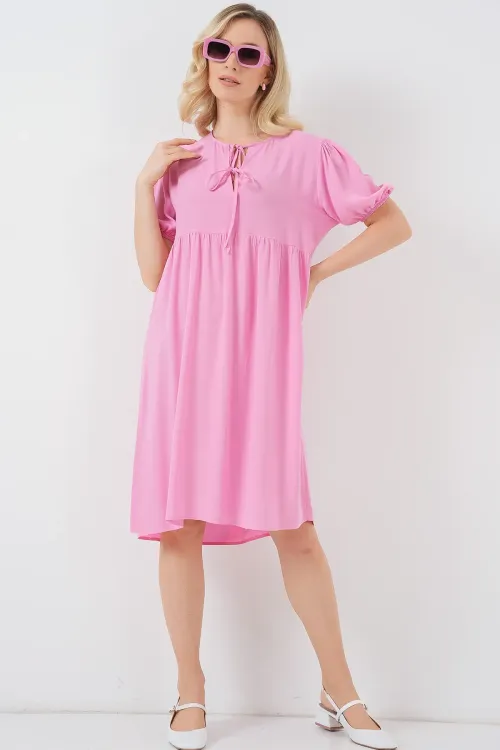 Kadın Bağcıklı Midi Elbise 2575 - Pembe