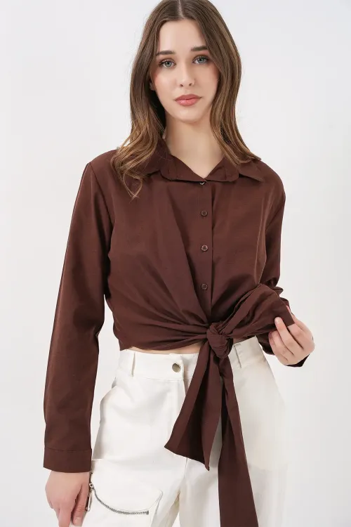 Kadın Bağlamalı Uzun Kol Gömlek 20325 - Kahverengi