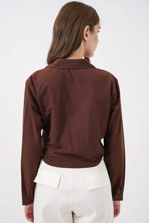 Kadın Bağlamalı Uzun Kol Gömlek 20325 - Kahverengi