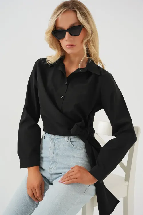 Kadın Bağlamalı Uzun Kol Gömlek 20325 - Siyah